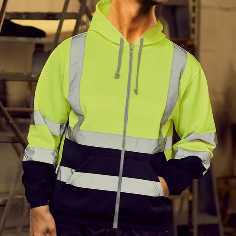 High Visibility Reflective Strip Hoodie Men Work Hoodie Breathable Safety Workwear Sweatshirt