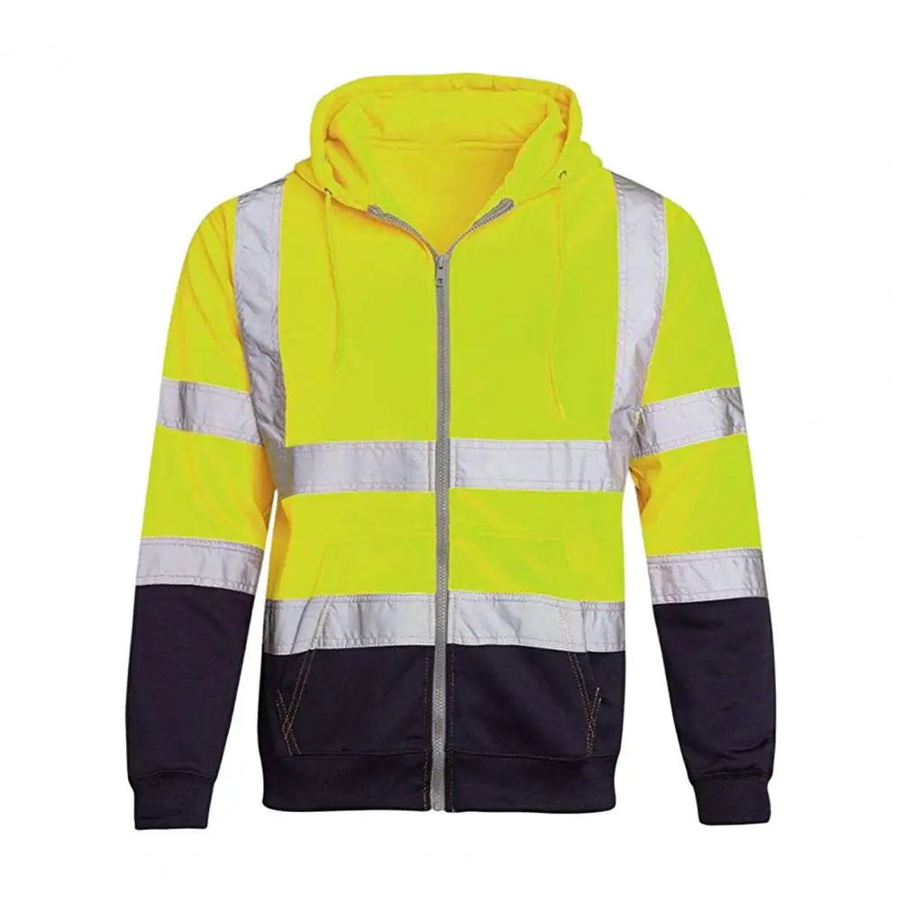 High Visibility Reflective Strip Jacket Men Work Hoodie Breathable Safety Workwear Sweatshirt Safe Warning Drawstring Jacket