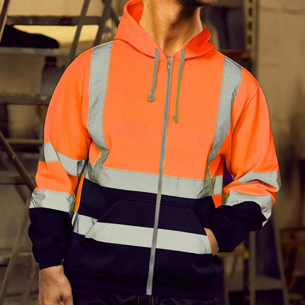 High Visibility Reflective Strip Jacket Men Work Hoodie Breathable Safety Workwear Sweatshirt Safe Warning Drawstring Jacket