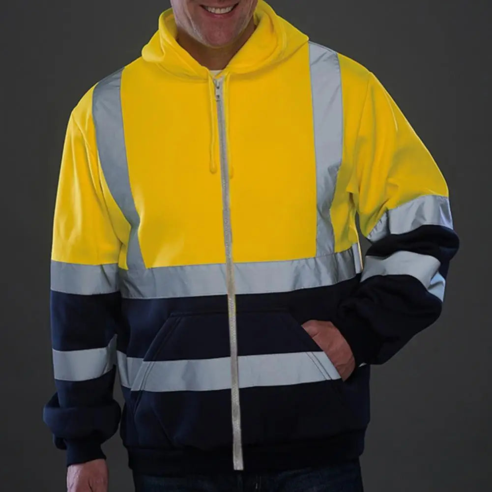 High Visibility Reflective Strip Hoodie Men Work Hoodie Breathable Safety Workwear Sweatshirt