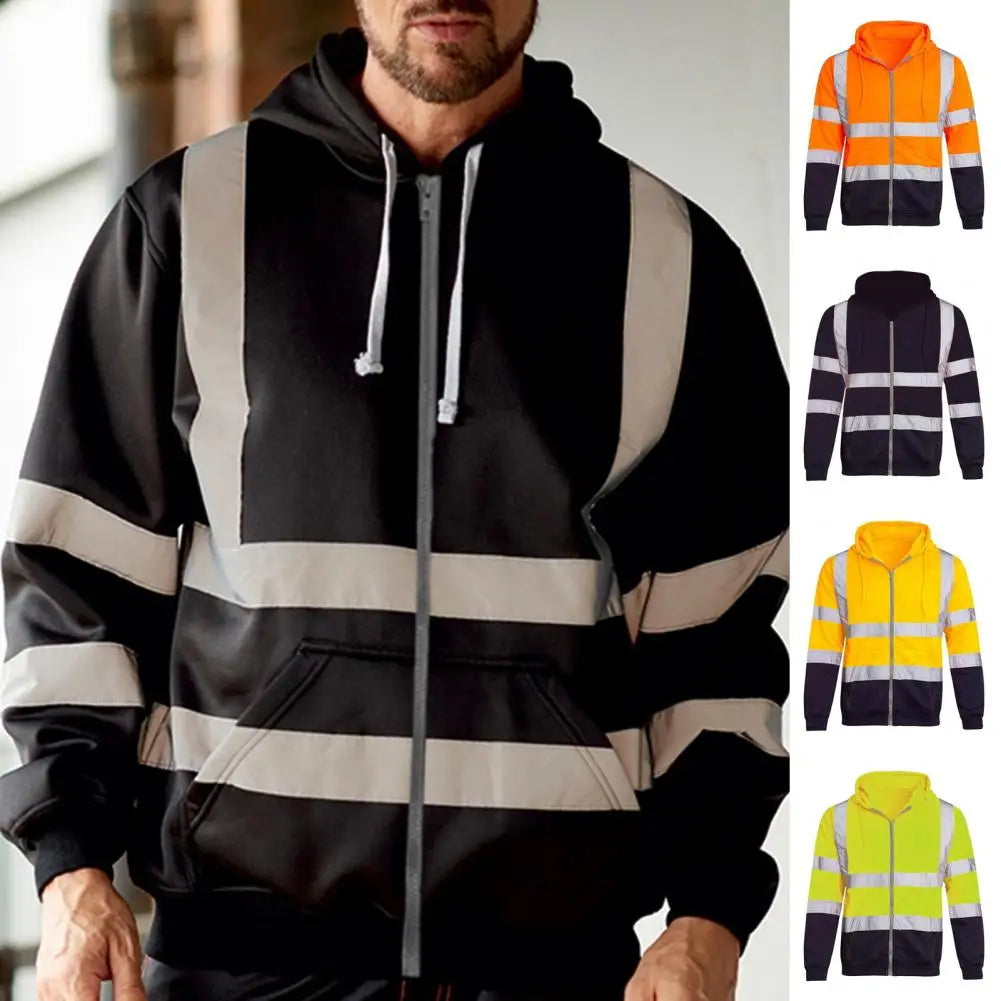 High Visibility Reflective Strip Hoodie Men Work Hoodie Breathable Safety Workwear Sweatshirt